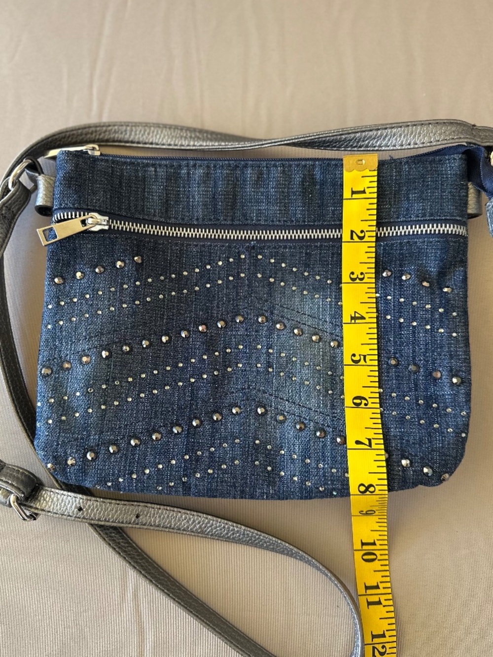 Blue Denim Rhinestone Studded Crossbody Bag - Picture 9 of 10